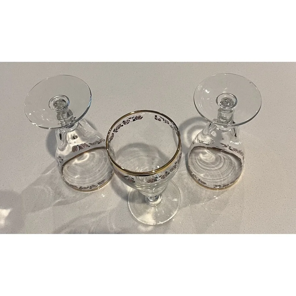 Rare Pink Rose Gold Trim Water‎ Goblets Drinking Glasses Set Of 3